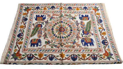 Traditional indian miniature painting on cloth with elephants, isolated on white isolated on transparent background