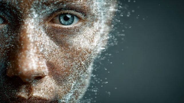 Man s face interacts with futuristic digital interface future technology overlays man s facial features - Powered by Adobe