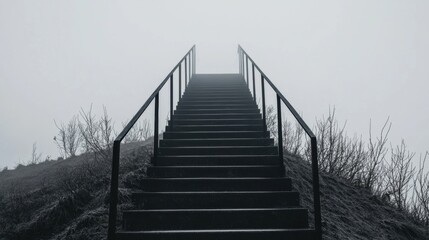 Obraz premium A black and white image of a staircase leading to the top of a hill.