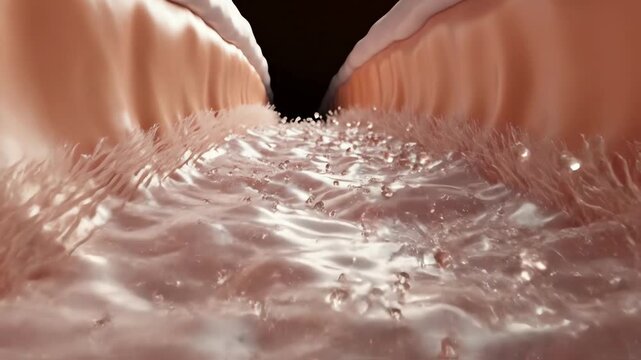Mucus transport along the nasal lining, with cilia performing coordinated sweeping waves. Micro-droplets glide upward toward the nasopharynx in clean rhythmic motion