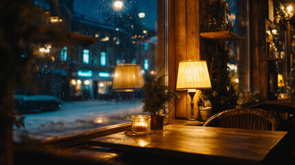 雪降る夜の窓辺に灯るテーブルランプと温もりあるカフェの静かな時間