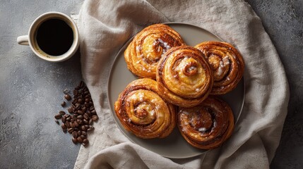 Flat lay of freshly baked Danish pastries glazed and golden with coffee beans and a linen napkin