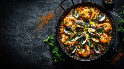 Artistic flat lay of a paella dish with golden rice clams prawns and paprika sprinkled parsley dark slate background