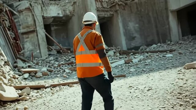 Assessment in Demolished Ruins: An individual, clad in safety gear, navigates the remnants of a destroyed structure, meticulously assessing the situation amidst the debris. 