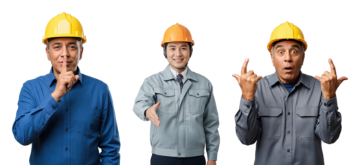 Three diverse male construction workers, two middle-aged and one young, wearing hard hats and uniforms, showing silence, handshake, and surprise gestures on a transparent background.