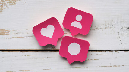 Social Media Notification Icons – Pink Heart, Profile, and Comment Symbols on White Wooden Background