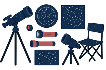 Set of astronomy equipment including telescopes and constellation charts © Alan
