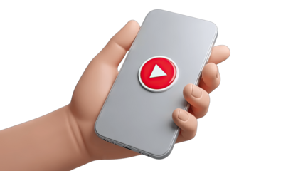 Hand holding smartphone with video play button icon on white background.