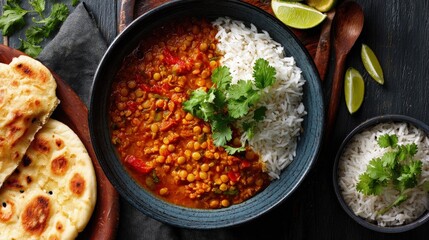 Vegan dish Flat lay of a hearty vegan lentil curry with basmati rice naan bread and fresh cilantro warm lighting