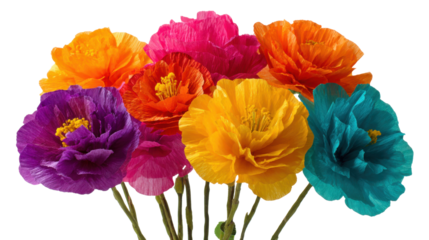 Colorful paper flowers bouquet with vibrant petals in assorted bright shades arranged in beautiful handmade craft style on white background
