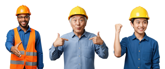 Three diverse male construction workers, including a young Black man, a senior Asian man, and a young Asian man, wearing hard hats and blue shirts, posing confidently on a transparent background.