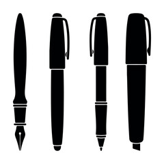 Vector Silhouette Set of Writing Tools Feather, Fountain, Rollerball Pens, and Marker