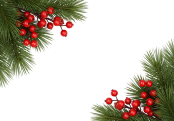Christmas tree corner border with pine branches and red berries, realistic spruce decor element Isolated on transparent background