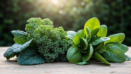 Fresh green leafy vegetables kale and spinach on a wooden surface under natural light on a blurred background, healthy eating and natural food concept