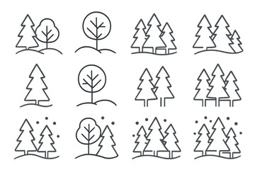 Collection of simple line icons depicting various forest trees and woodland elements © Alan
