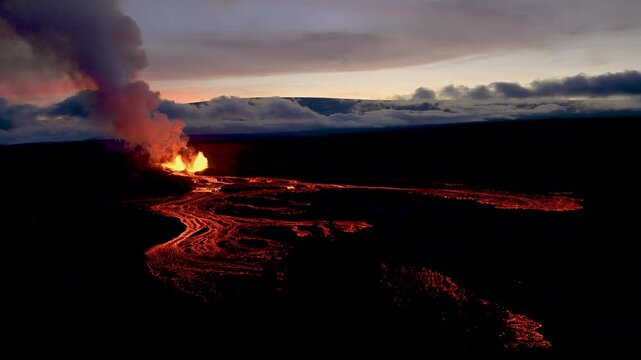Aerial view of fiery lava flowing from Kilauea volcano under a smoky sky, contrasting with the dark landscape, Kilauea, Hawaii, United States.