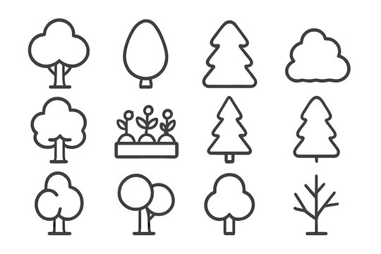 Collection of simple outline icons representing various trees and young plants