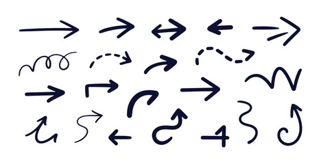 Group of black hand drawn arrows pointing in various directions on isolated white background illustration