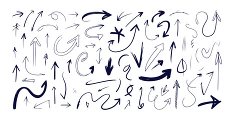 Set of 60 hand drawn doodle arrows for navigation or direction, sketch arrows, pointers and cursors