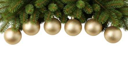 Realistic Christmas border with fir branches and glossy golden, glitter balls, Isolated on transparent background