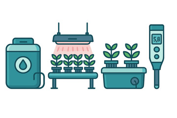 Hydroponic gardening equipment set with nutrient reservoir and pH meter