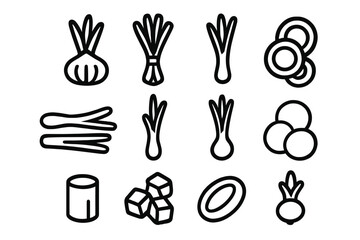 Stylized line icons depicting various onion and vegetable ingredients