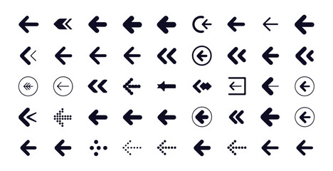 Collection of black arrow icons pointing left different shapes and styles isolated on white background