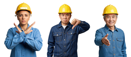 Diverse construction workers in hard hats demonstrating various hand gestures: woman showing stop, Asian man thumbs down, older Asian man handshake.