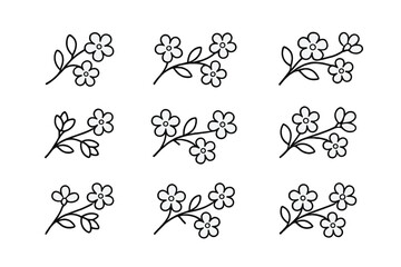 Set of stylized flower branch icons in simple outline design