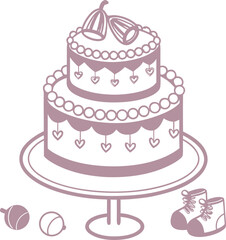 A simple black silhouette of a decorated baby shower cake icon