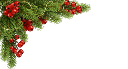 Christmas and New Year Holiday Corner Border with Fir Branches, Red Berries, and Gold Ribbon, Isolated on transparent background