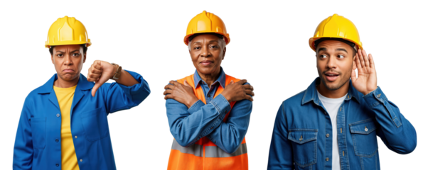 Diverse African American construction workers, including a young man and two women, expressing disapproval, calm, and attentive listening, wearing yellow hard hats and work uniforms.