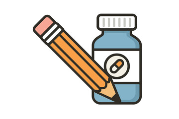 Pencil writing on pharmaceutical container with capsule symbol
