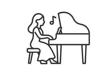 Seated woman playing a grand piano from the side view