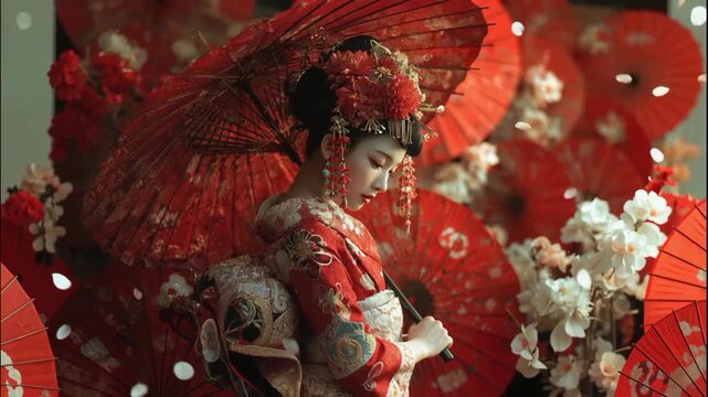 Maiko Surrounded by Many Red Umbrellas in Fantasy Setting