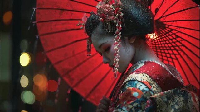 Sad Maiko with Red Umbrella Standing in Rain at Night