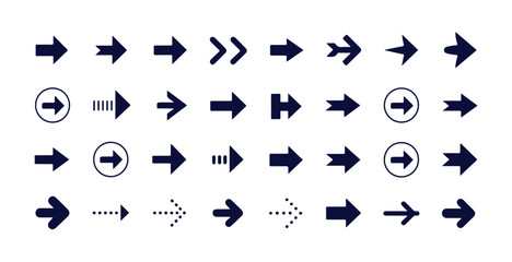 Set of black universal right arrows collection, various shapes pointer signs, web and app interface symbols