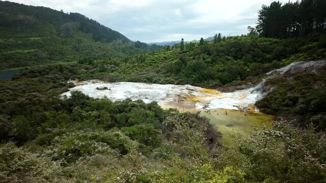 Geothermal terraces in lush New Zealand valley