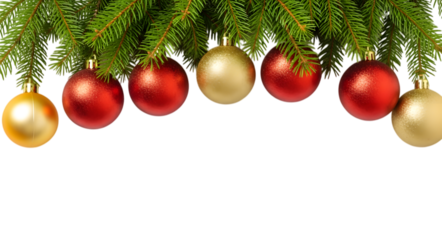 Realistic Christmas Tree Branches with Red and Gold Ornaments Border Isolated on Transparent Background