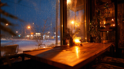 雪降る夜の窓辺に灯るキャンドルと木製カウンターが醸す温かなカフェ時間