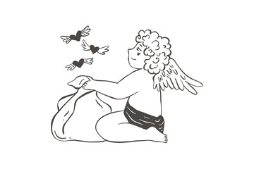 Cute angel holding a bag with flying hearts. Valentine's Day, love. Cute cupid with wings.