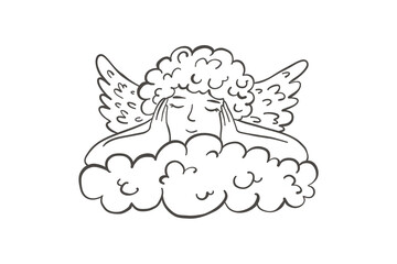 A cute little angel is sleeping on a cloud. Valentine's Day, love. Cute cupid with wings.