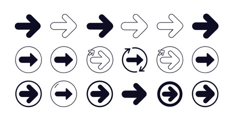 Set of right pointing arrows in solid and outline styles within and without circles on white background