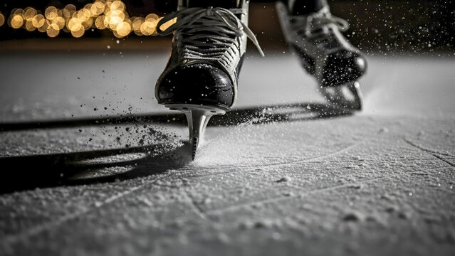 Close up new year ice skating on frosty rink, showing sharp blade and flying ice particles under bokeh lights. Winter new year ice skating creates dynamic movement.