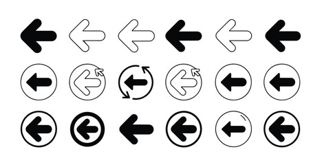 Set of left pointing arrows in solid and outline styles within and without circles on white background