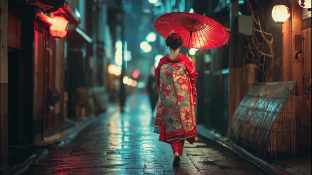 Back View of Maiko Walking in Rain at Night Alley