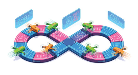 Colorful infinity loop with toy frogs representing continuous development process.
