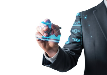 Male hand in suit cuff using a silver stylus to control a glowing neon blue holographic interface displaying financial charts against a transparent studio background. Concept of modern data