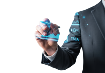 Male hand in suit cuff using a silver stylus to control a glowing neon blue holographic interface displaying financial charts against a transparent studio background. Concept of modern data