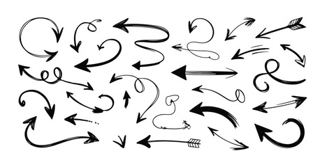Collection of hand drawn doodle arrows in different shapes and styles isolated on white background